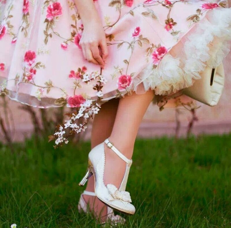 Woman in Floral Dress — Pink, Serene, Spring, Photograph, Shoes