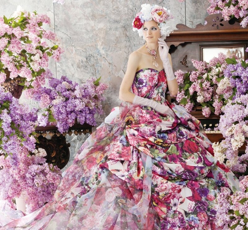 Woman in Floral Dress — Purple, Dramatic, Photograph, Flowers, Gloves