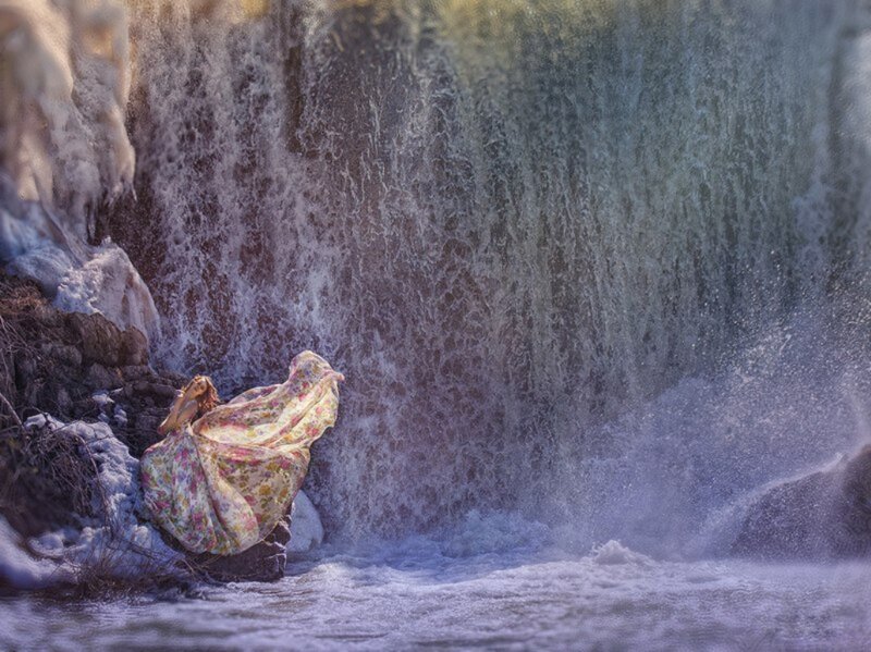 Woman in Floral Dress — Purple, Dramatic, Winter