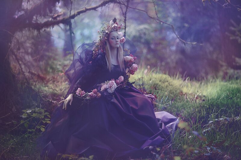 Woman in Floral Dress — Purple, Dreamy, Afternoon, Photograph