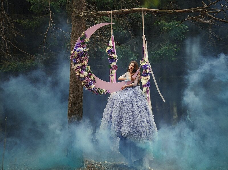 Woman in Floral Dress — Purple, Dreamy, Night