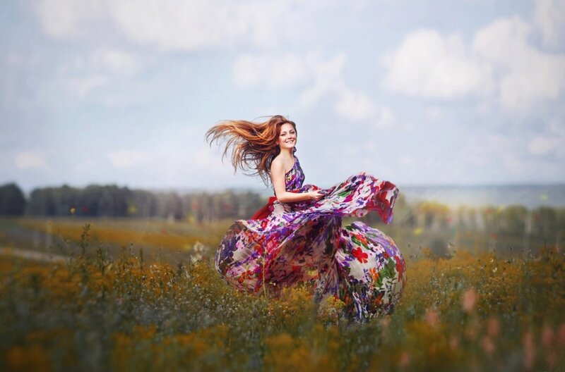 Woman in Floral Dress — Purple, Joyful