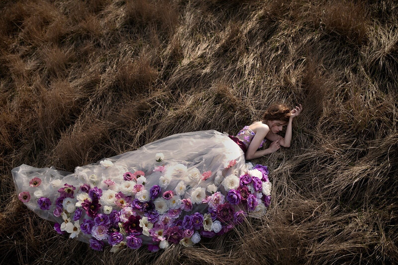 Woman in Floral Dress — Purple, Serene, Afternoon, Photograph, Flowers, Grass