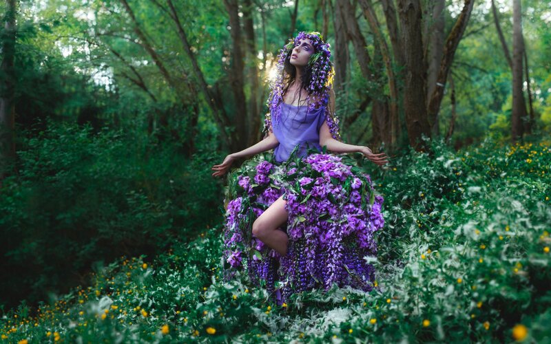 Woman in Floral Dress — Purple, Serene, Afternoon, Photograph, Flowers