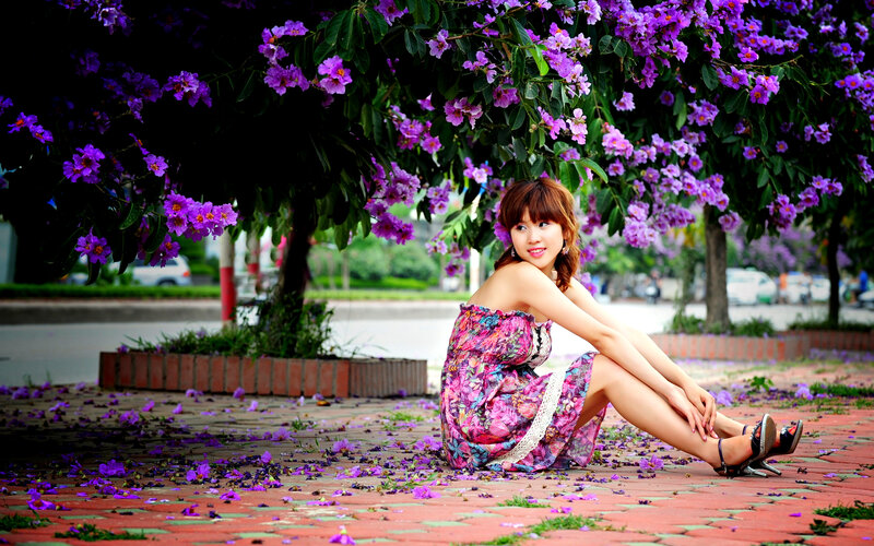 Woman in Floral Dress — Purple, Serene, Afternoon
