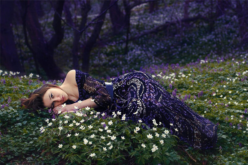 Woman in Floral Dress — Purple, Serene, Spring