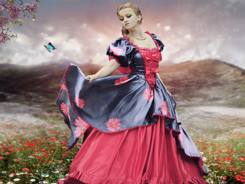 Woman in Floral Dress — Red, Dramatic, Afternoon