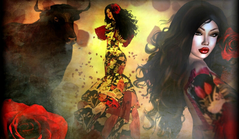 Woman in Floral Dress — Red, Dramatic, Digital Art