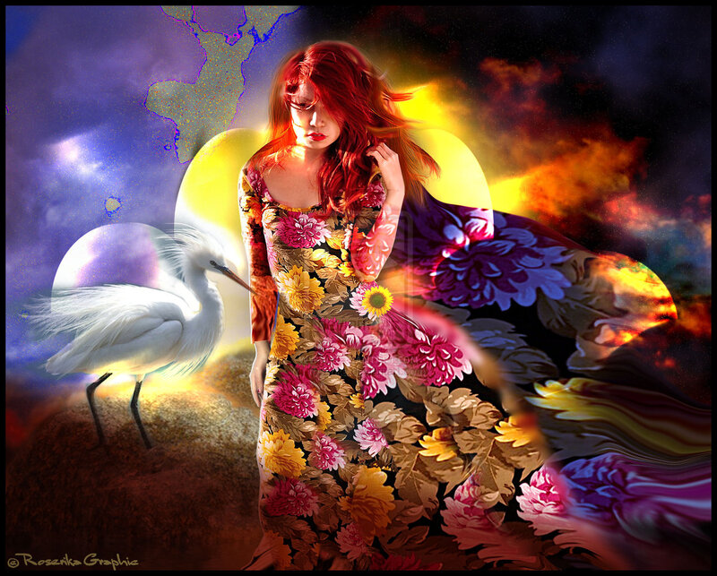 Woman in Floral Dress — Red, Dramatic, Night, Digital Art