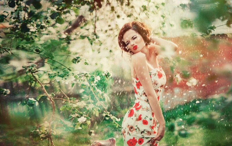 Woman in Floral Dress — Red, Dreamy, Spring