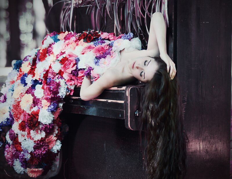 Woman in Floral Dress — Red, Serene, Photograph
