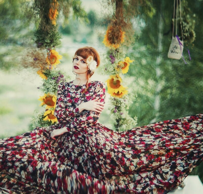 Woman in Floral Dress — Red, Serene, Summer