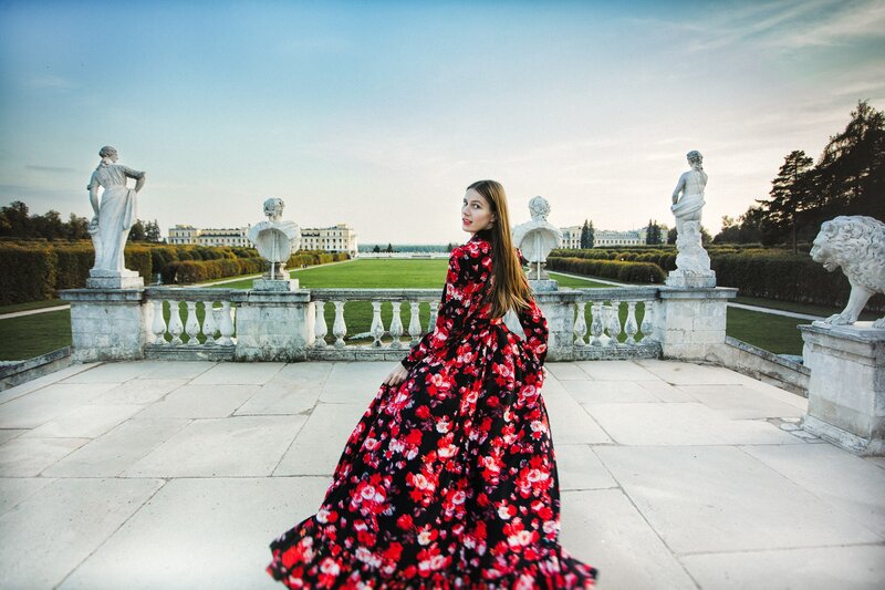 Woman in Floral Dress — Red, Serene, Sunset, Photograph