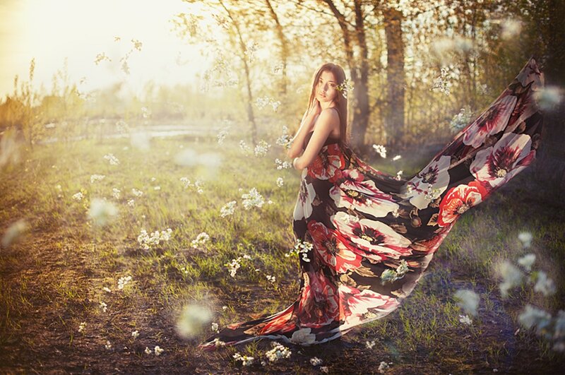 Woman in Floral Dress — Red, Serene, Sunset