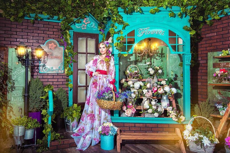Woman in Floral Dress — Teal, Dramatic