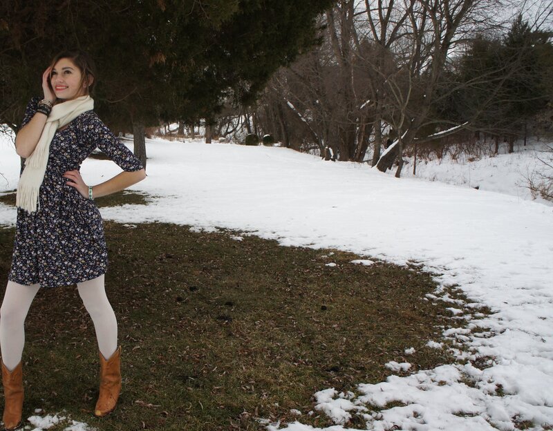 Woman in Floral Dress — White, Calm, Winter