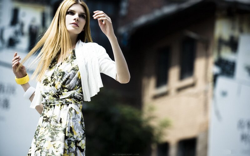 Woman in Floral Dress — White, Dramatic, Afternoon, Photograph, Building
