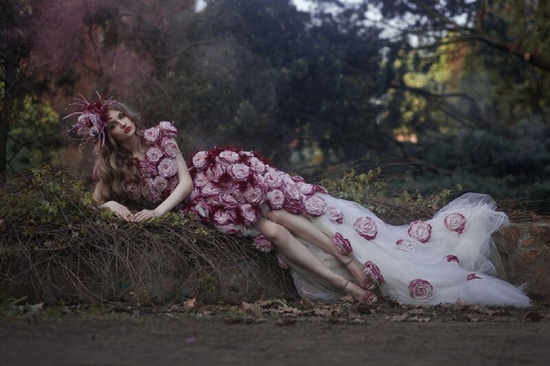 Woman in Floral Dress — White, Dramatic, Autumn