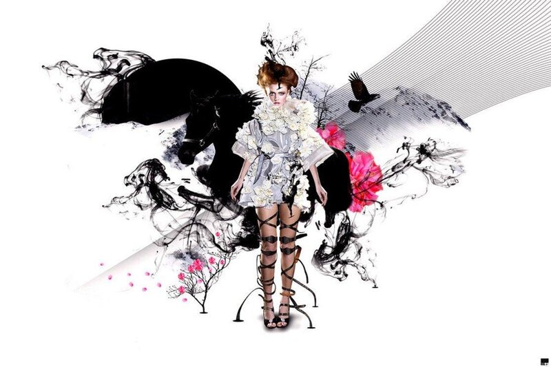 Woman in Floral Dress — White, Dramatic, Digital Art
