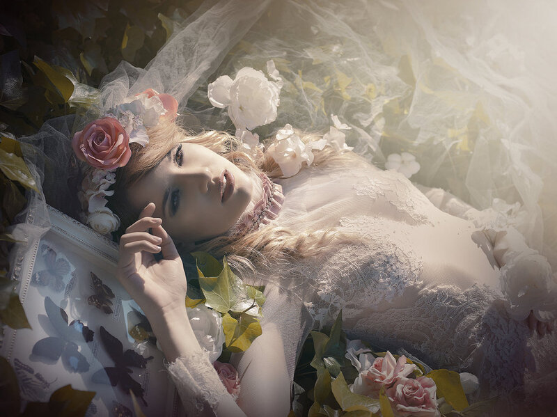Woman in Floral Dress — White, Dreamy