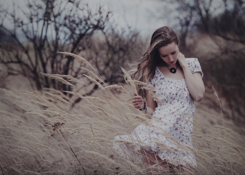 Woman in Floral Dress — White, Melancholic, Autumn
