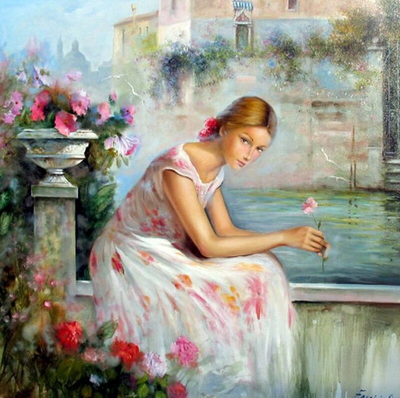 Woman in Floral Dress — White, Serene, Afternoon, Painting, Flowers, Canal