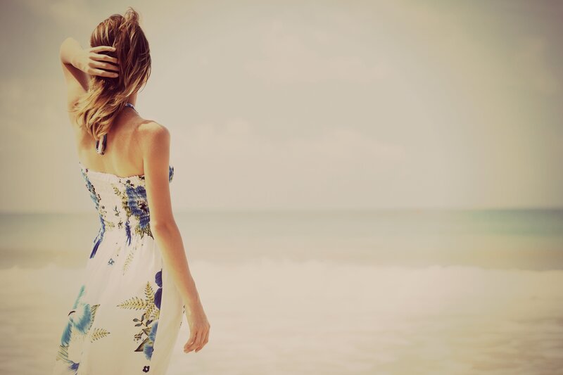 Woman in Floral Dress — White, Serene, Afternoon, Photograph, Beach