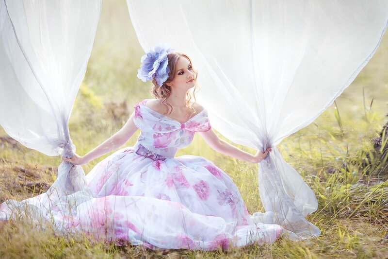 Woman in Floral Dress — White, Serene, Afternoon, Photograph, Flower Crown, White Drapes