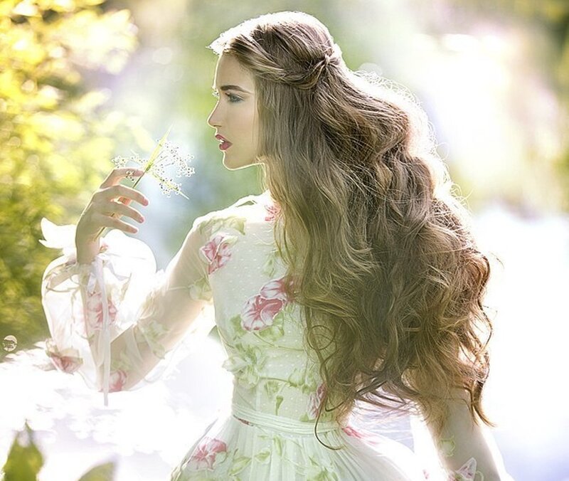 Woman in Floral Dress — White, Serene, Afternoon, Photograph, Flower
