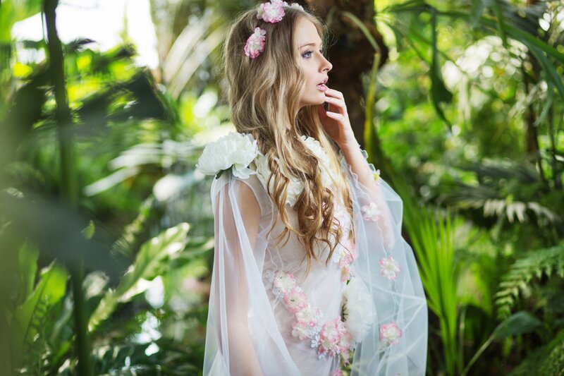 Woman in Floral Dress — White, Serene, Afternoon, Photograph, Flowers, Leaves