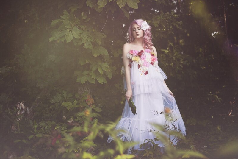Woman in Floral Dress — White, Serene, Afternoon, Photograph, Flowers