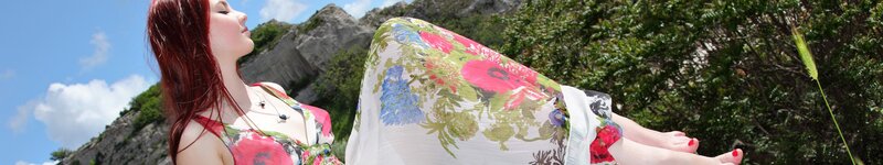 Woman in Floral Dress — White, Serene, Afternoon, Photograph, Mountain