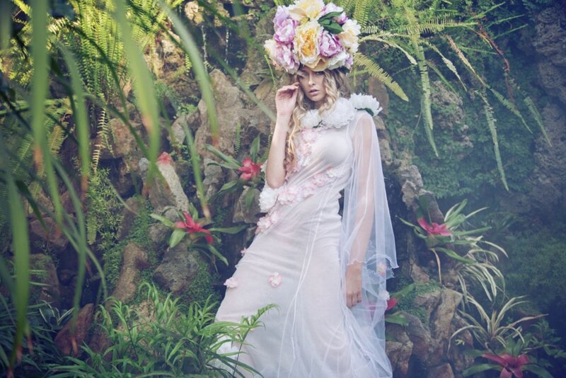 Woman in Floral Dress — White, Serene, Photograph, Flowers, Plants