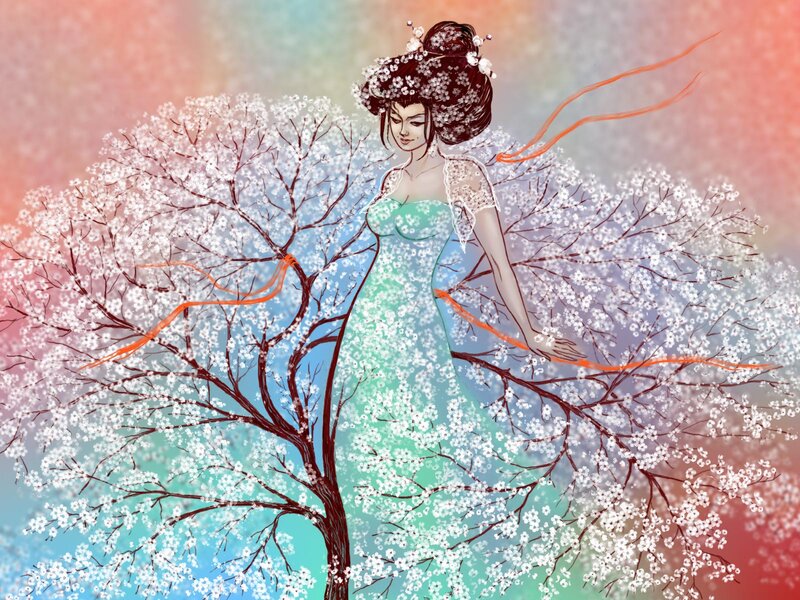 Woman in Floral Dress — White, Serene, Spring, Digital Art