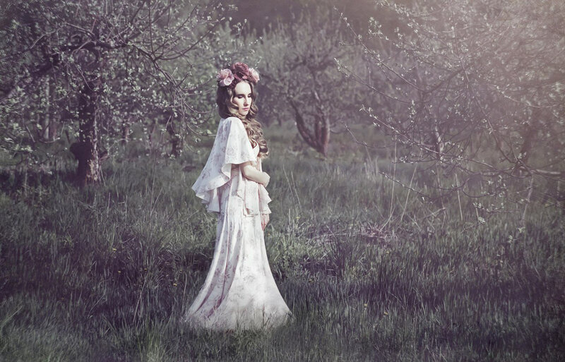 Woman in Floral Dress — White, Serene, Spring, Photograph, Flowers, Trees