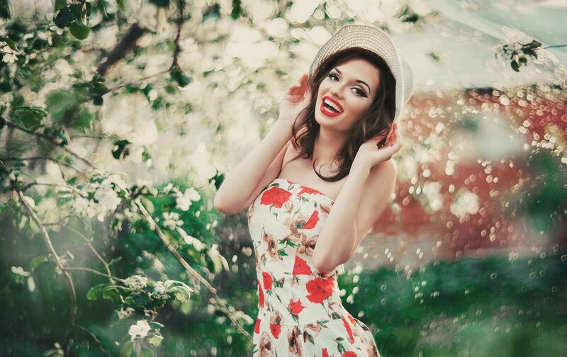 Woman in Floral Dress — White, Serene, Spring, Photograph, Hat