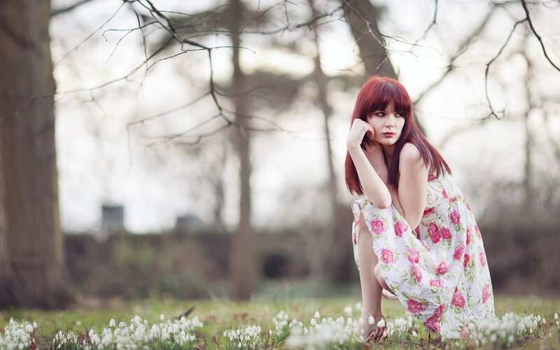 Woman in Floral Dress — White, Serene, Spring, Photograph, Trees
