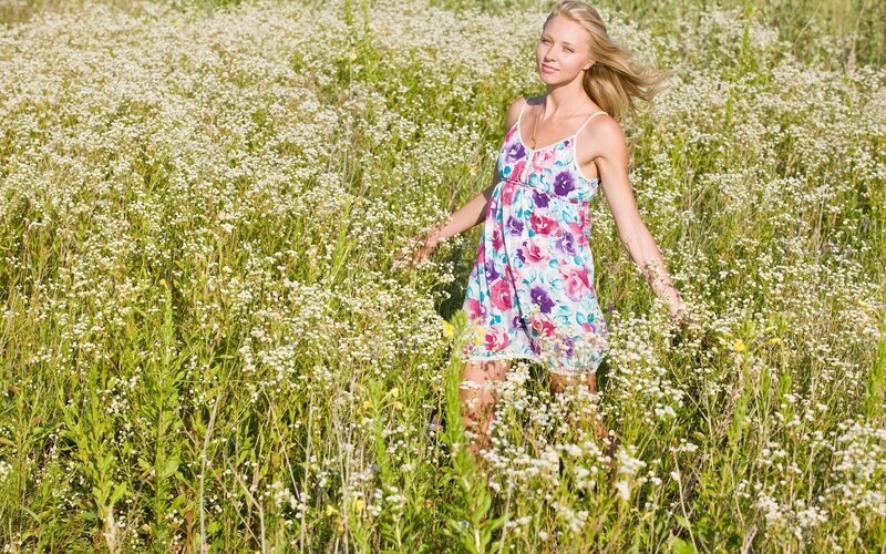 Woman in Floral Dress — White, Serene, Summer