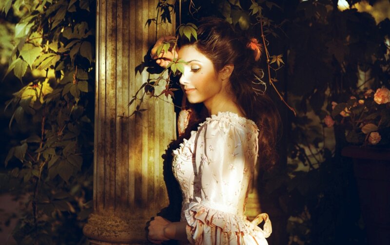 Woman in Floral Dress — White, Serene, Sunset