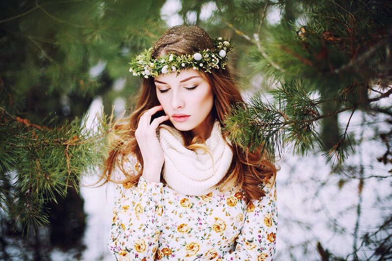 Woman in Floral Dress — White, Serene, Winter