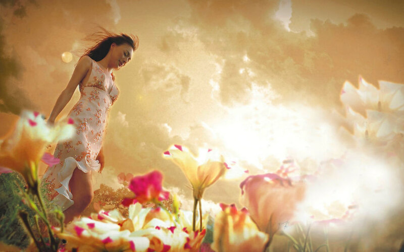 Woman in Floral Dress — Yellow, Dreamy