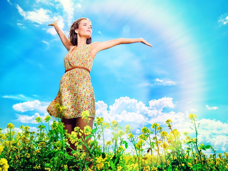 Woman in Floral Dress — Yellow, Serene, Afternoon, Photograph, Field of Flowers