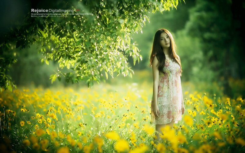 Woman in Floral Dress — Yellow, Serene, Afternoon, Photograph, Flowers, Trees