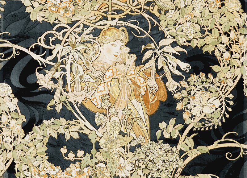 Woman in Floral Garden — Black, Serene, Illustration