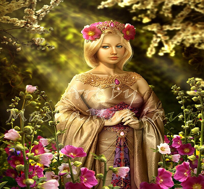 Woman in Floral Garden — Gold, Serene