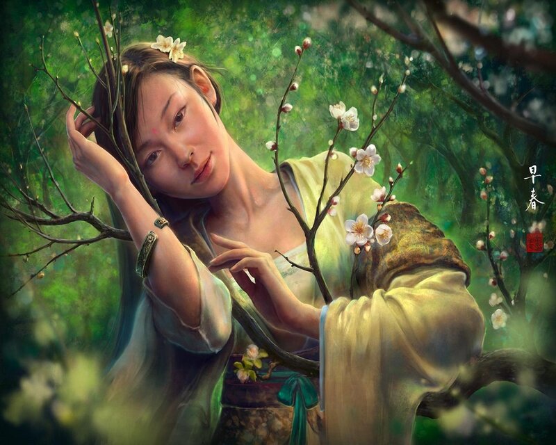 Woman in Floral Garden — Green, Serene, Spring, Digital Art