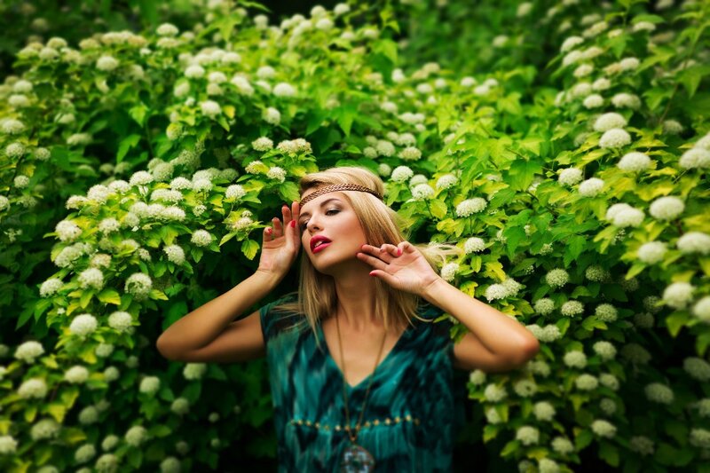 Woman in Floral Garden — Green, Serene, Summer