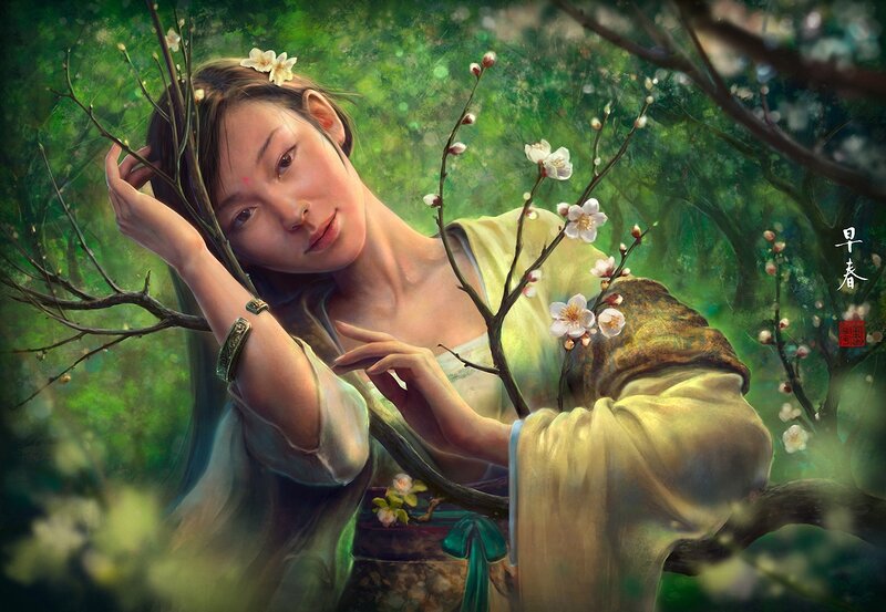 Woman in Floral Garden — Green, Serene