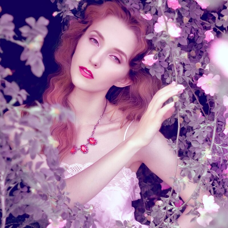 Woman in Floral Garden — Purple, Dreamy