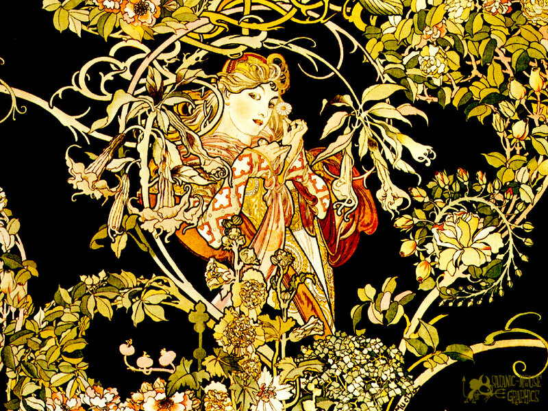 Woman in Floral Garden — Yellow, Serene, Illustration